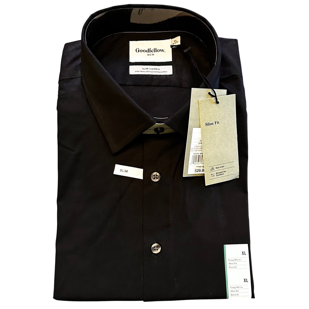 NWT Goodfellow & Co Mens Slim Fit Long Sleeve Dress Shirt Stretch Black XL